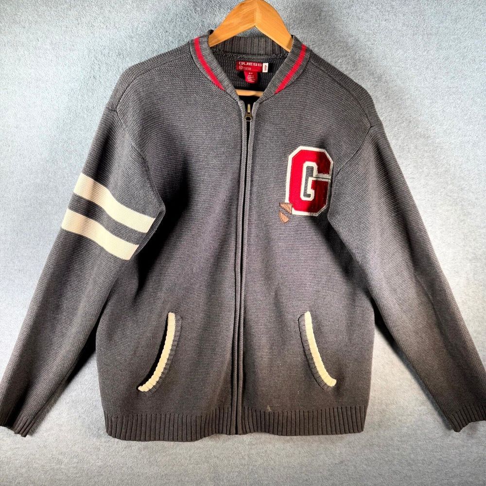 VTG Guess Letterman Cardigan Sweater‎ L Gray Long Sleeve Full Zip Pocket Knitted